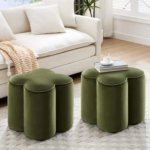 Miniatura 25 de Zesthouse Juego de 2 puf otomanos de flores, reposapiés de tela de lino beige para sofá, taburetes modernos para sala de estar, bonita otomana
