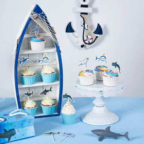 Miniatura 5 de WERNNSAI 36 piezas de decoración para pastel de tiburón - Adornos de pastel de tiburón para fiesta de cumpleaños temática de océano, decoración