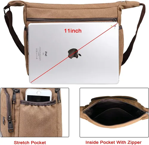 Miniatura 5 de JAKAGO Bolsa de mensajero de lona de 13 pulgadas con múltiples bolsillos, bolsa cruzada para uso diario, bolsa para viajes de negocios