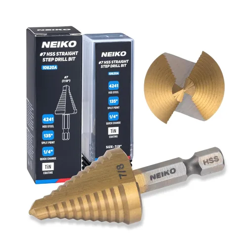Miniatura 58 de NEIKO 10602B Step Drill Bit, 13 Steps 1/8" to 1/2" Spiral M35 Cobalt, AlTiSiN Coated, 1/4" Quick Change Step Bits for Steel, Metal, Wood, Plastic
