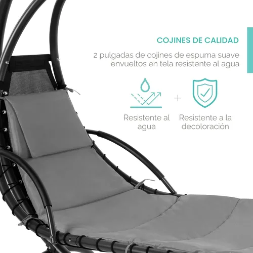 Miniatura 5 de Best Choice Products Silla colgante curva de acero para exterior, silla de descanso tipo chaise lounge con cojín integrado y toldo extraíble - Gris