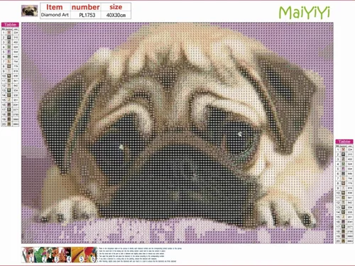 Miniatura 2 de MaiYiYi Pintura de diamantes de carlino por números, kit de arte de diamante de carlino redondo completo 5D, pintura de diamante de cara de perro