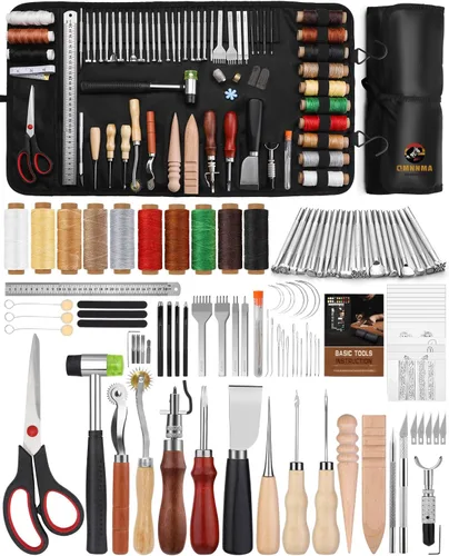 QMNNMA 102PCS Herramientas de trabajo de cuero Kit de artesanía de cuero con bolsa de almacenamiento personalizada, herramientas de estampado para