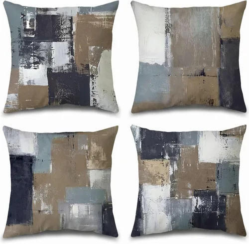 Miniatura 12 de Juego de 4 fundas de almohada de arte abstracto azul y gris de 18 x 18 pulgadas, fundas de cojín decorativas modernas para dormitorio, sofá y sala