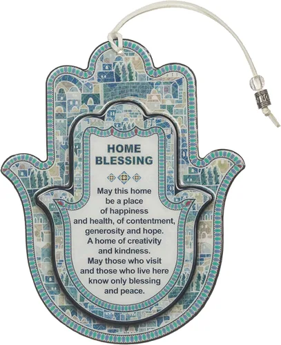 Miniatura 13 de Decoración de pared Hamsa de la buena suerte con bendición del hogar en inglés de 19 cm con motivo de granadas púrpuras - Mano Hamsa para colgar