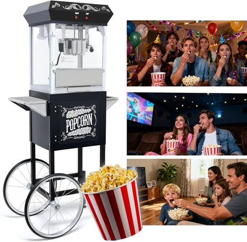 Miniatura 3 de Máquina de palomitas de maíz con carrito, con ruedas, cuchara de aceite de acero inoxidable, carrito móvil con taquillas para cine en casa Negro