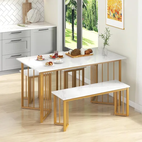 Miniatura 2 de Giantex Juego de mesa de comedor de 4 piezas para 4, juego de sillas de mesa de cocina con banco y 2 taburetes, patas de metal en forma de ala