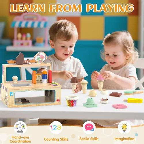 Miniatura 6 de Juego de juguetes plegables de madera para helados, tienda de alimentos para niños pequeños, 52 piezas para niños con almacenamiento, juego