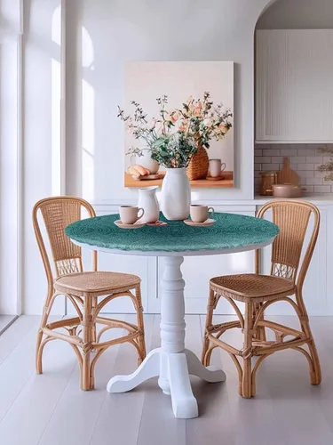 Miniatura 5 de Mantel redondo ajustado con diseño floral de mandala aguamarina, estilo étnico bohemio con borde elástico, impermeable, mantel circular de flores