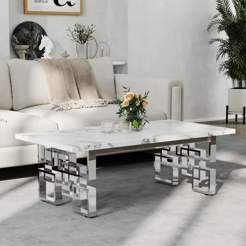 Miniatura 10 de AUZ Mesa auxiliar, mesa rectangular de 50 pulgadas, color blanco y dorado, mesa de té para sala de estar, sala de invitados, sala de recepción Base