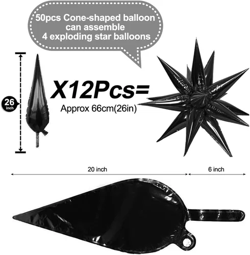 Miniatura 2 de 50 globos de aluminio negro con forma de cono de estrella grande de 26 pulgadas, globos de Mylar de estrella de explosión negra de 12 puntos 3D