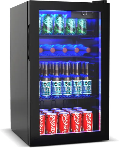 Miniatura 11 de COSTWAY Refrigerador de bebidas, 1.3 pies cúbicos, 12 botellas y 55 latas, mini refrigerador con puerta de vidrio templado, estante extraíble