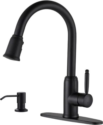 Miniatura 12 de Grifo de cocina de oro negro con rociador: WOWOW Grifo de fregadero de cocina de acero inoxidable 304 para 1 o 3 agujeros, llave mezcladora de arco