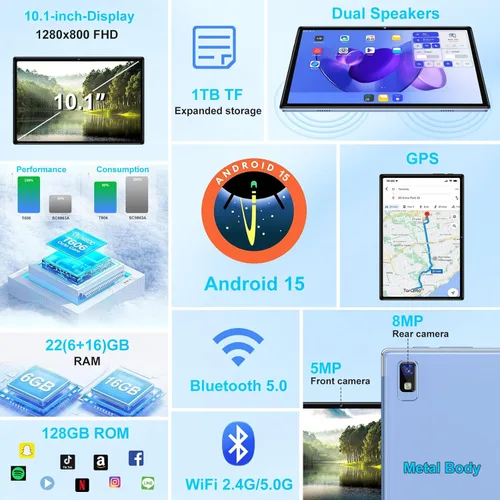 Miniatura 6 de Tablet 2026, tabletas Android 15 de 10 pulgadas 22GB+128GB+1TB Expand, tableta electrónica 2 en 1 Octa-Core con funda de teclado y mouse, batería