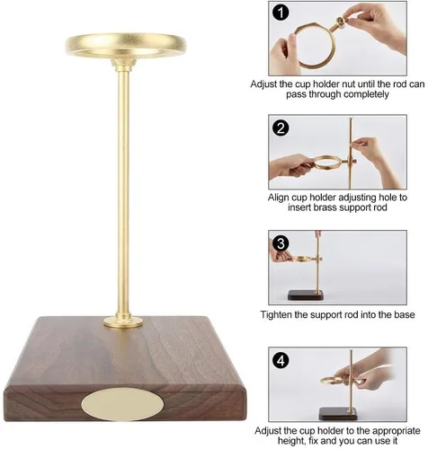 Miniatura 4 de Fdit Soporte para gotero de café de latón con base de madera, altura ajustable, rotación de 360 grados, preparación manual, 8.8 x 6.3 x 10.8 pulgadas