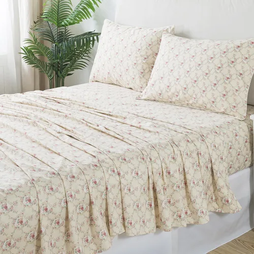 Miniatura 113 de FADFAY Juego de sábanas tamaño King, 100% algodón, elegante ropa de cama de granja con hojas verdes menta y flores blancas, sábana suave