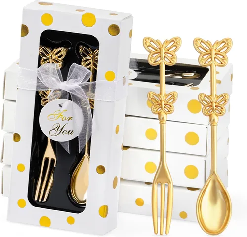 Juego de 30 tenedores y cucharas de boda, cucharadita de café de mariposa con caja de regalo, regalo de regreso de boda, baby shower, decoración de