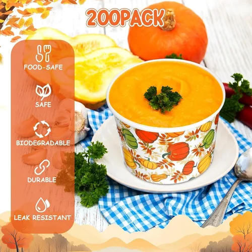 Miniatura 4 de Uiifan 200 cuencos de papel de otoño de 9 onzas, cuencos desechables de Acción de Gracias, hojas de otoño, tazones de calabaza, cuencos de postre