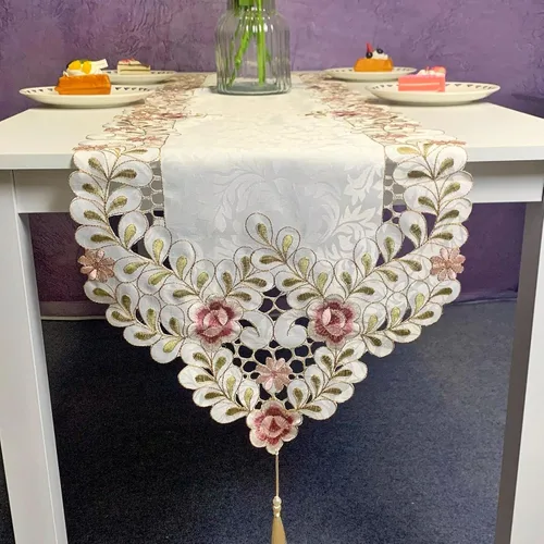 Hsvanyr Pañuelo para tocador y decoración para comedor, 15 x 47 pulgadas, bordado rosa para mesa de flores, centros de mesa, protector de mesita de