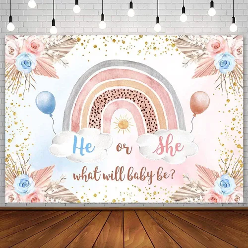 Sendy Fondo bohemio de 7 x 5 pies para revelación de género, diseño de arco iris, decoración de fiesta de baby shower, anuncio de embarazo, pancarta