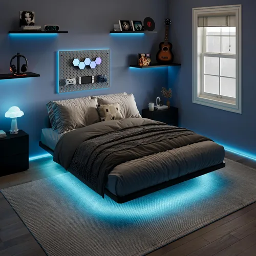 Miniatura 10 de SHA CERLIN Marco de cama flotante tamaño twin con luces LED inteligentes y estación de carga, cama de plataforma de metal resistente con diseño