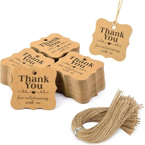 SallyFashion 150 unidades de etiquetas de regalo marrones «gracias» con cuerda, etiquetas de papel de 2 x 3 pulgadas para regalos de fiesta, bodas,