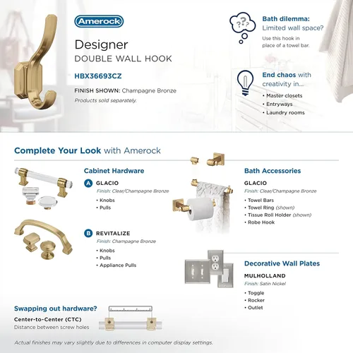 Miniatura 6 de Amerock HBX36693CZ Gancho decorativo de pared Granlyn de doble punta, gancho de bronce champán para abrigos, sombreros, mochilas, bolsas Ganchos