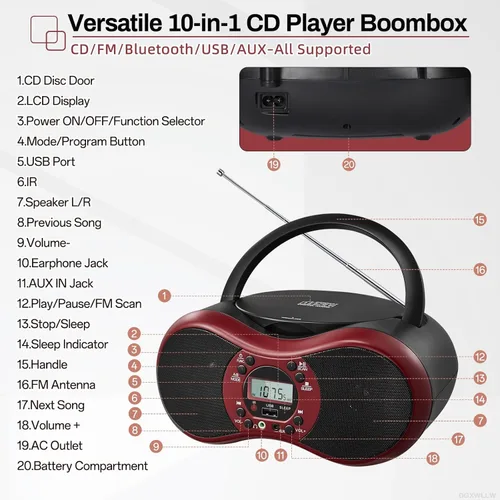Miniatura 2 de Boombox reproductor de CD portátil para el hogar con radio FM, Bluetooth, reproducción de CD-R/CD-RW/MP3 CDs, control remoto, puerto USB, entrada