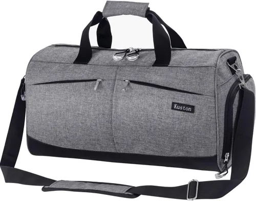 Kuston Bolsa de gimnasio deportiva con compartimento para zapatos y bolsillo húmedo, bolsa de lona para gimnasio para hombres y mujeres, Gris