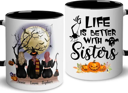 Miniatura 8 de WHIDOBE Taza de café personalizada de Halloween (2 brujas), taza de café personalizada de 11 o 15 onzas para mujeres, hermana, mejor amiga, taza
