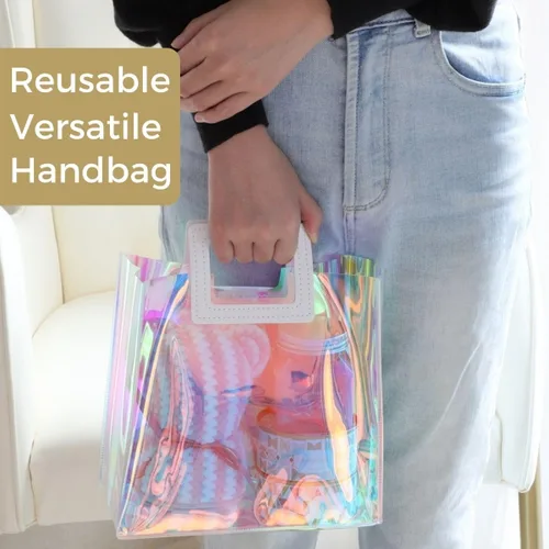 Miniatura 4 de VUOJUR 2 bolsas de regalo pequeñas holográficas de 8.3 x 8 x 4 pulgadas, transparentes, reutilizables, bolsas de regalo de cumpleaños para mujeres