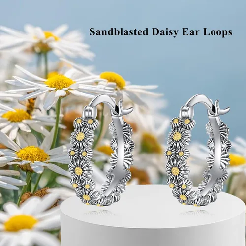 Miniatura 3 de POPLYKE Aretes de plata de ley con diseño de flores, pequeños aretes tipo huggie, regalo de joyería para mujer