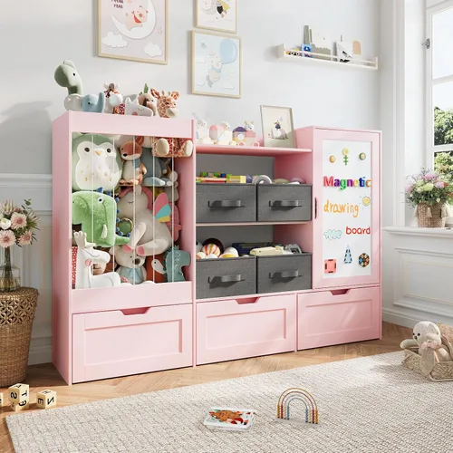 Miniatura 7 de Organizador de almacenamiento de juguetes para niños de 61 pulgadas de ancho con almacenamiento de animales de peluche, 3 cajones de almacenamiento