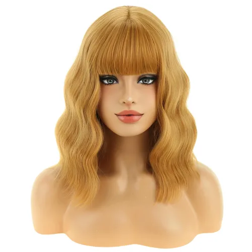 Miniatura 23 de BERON 14 Inches Ash Blonde Wig with Bangs Short Curly Wig Short Ash Blonde Bob Synthetic Wigs for Women Daily Halloween Party or Cosplay Hairnet