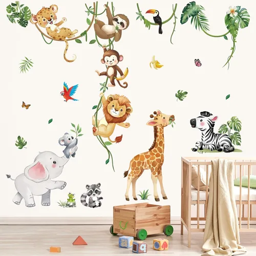 Miniatura 2 de decalmile Calcomanías de pared de animales del safari Calcomanías de pared de animales de la selva Animales trepadores de árbol Jirafa Elefante León