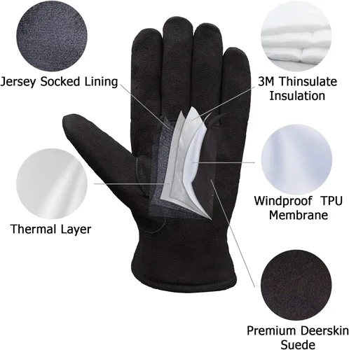 Miniatura 3 de SKYDEER 3M Thinsulate - Guantes térmicos de trabajo de invierno con piel de ciervo genuina resistente al viento (unisex)