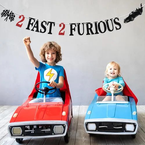 Miniatura 5 de Cartel de 2 Fast 2 Furious - Cartel de banderines de fiesta temática de auto de carreras, decoraciones de segundo cumpleaños para niños, suministros