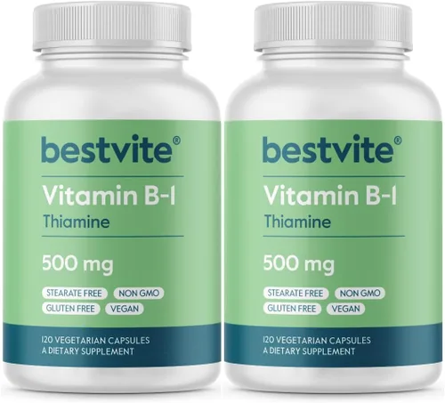 BESTVITE Vitamina B-1 (tiamina) 500 mg (240 cápsulas vegetarianas) (2 x 120) - Sin estearatos - Vegano - Sin carbonato de calcio - Sin OMG - Sin