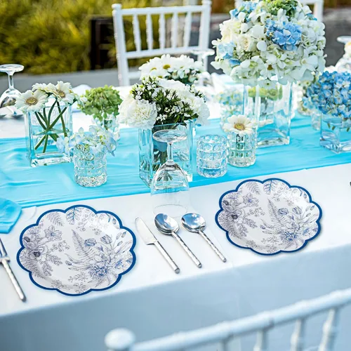 Miniatura 4 de 100 platos de papel florales azules, desechables, para bebé, despedida de soltera, suministros de fiesta, platos de postre florales, bandeja