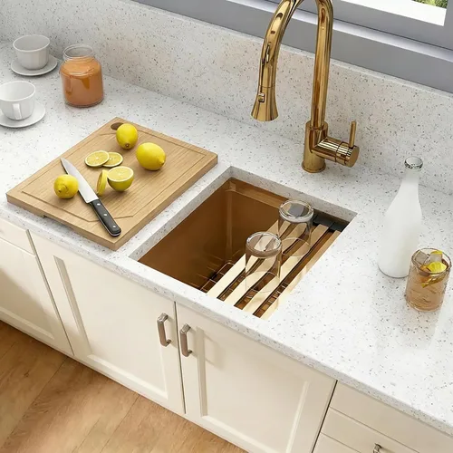 Miniatura 7 de Fregadero de barra dorada de 13 x 15 pulgadas, fregaderos de cocina dorados de acero inoxidable SUS304 de calibre 16 con accesorios, fregadero