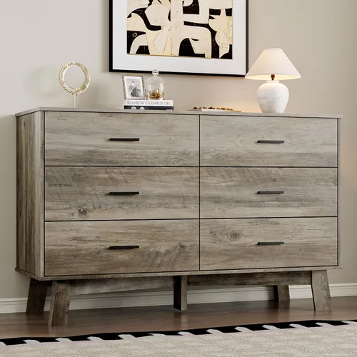 Miniatura 13 de BORNOON Cómoda para dormitorio con 6 cajones, cajonera moderna de 47.2" con manijas de metal, base en forma de X y pata central ajustable