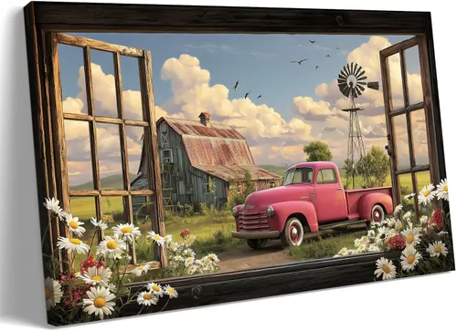 Miniatura 10 de Decoración rústica de granja en lienzo con ventana abierta, impresiones artísticas para pared, pintura de camión viejo, lienzo de granero y bandera