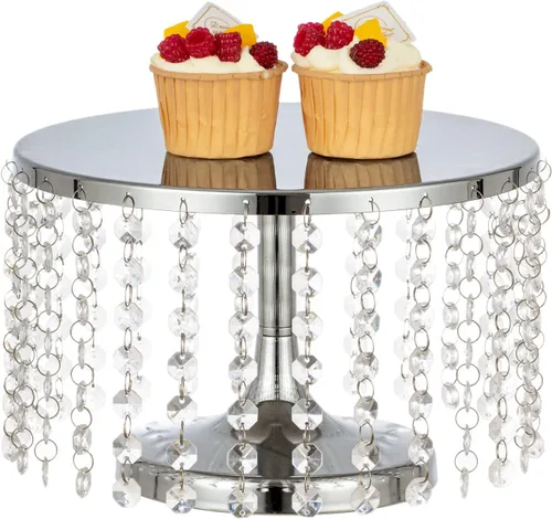 Miniatura 15 de Bigsee Juego de 3 soportes para pasteles dorados, soporte de pastel de metal con espejo, pedestal de pastel con colgantes de cristal y cuentas
