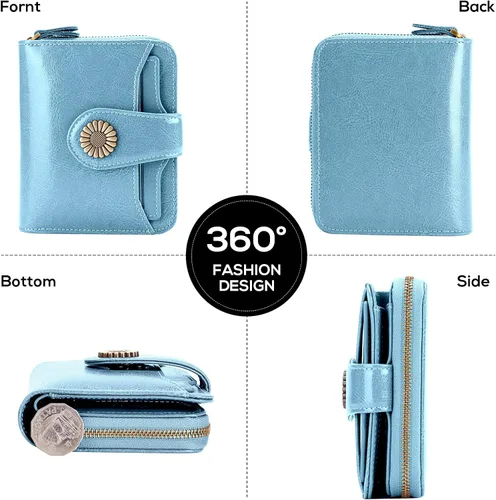Miniatura 4 de INSIFEEL Billetera pequeña para mujer, bolso compacto de cuero con bloqueo RFID RFID para mujer, Azul claro, Retro