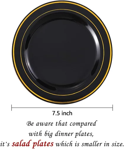 Miniatura 2 de bUCLA - 100 piezas de platos de postre de plástico negro y dorado - Platos desechables de 19 cm para ensalada/aperitivo - Ideales para fiesta