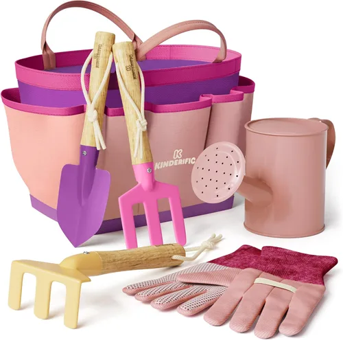 Kinderific Juego de herramientas de jardinería, para niños, STEM, incluye bolsa de mano, pala, regadera, rastrillo, tenedor, paleta y guantes (rosa