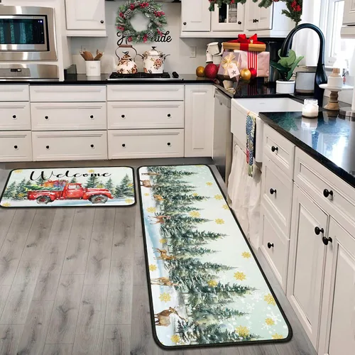Juego de 2 alfombras y tapetes de cocina navideñas para camiones, decoraciones navideñas para el hogar, antideslizantes con respaldo, alfombras de