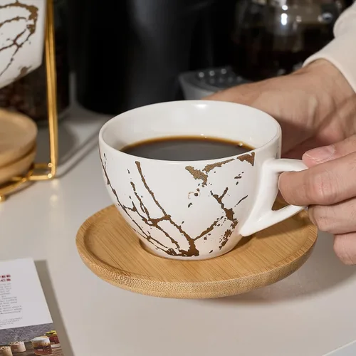 Miniatura 8 de LUKA - Juego de tazas de café de cerámica con platillos y soporte de metal, tazas de capuchino apilables de 8 oz de porcelana para té, espresso