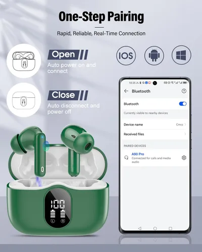 Miniatura 5 de Auriculares inalámbricos, Bluetooth 5.4, estéreo de bajos, auriculares con micrófono con cancelación de ruido, pantalla LED en el oído, llamadas