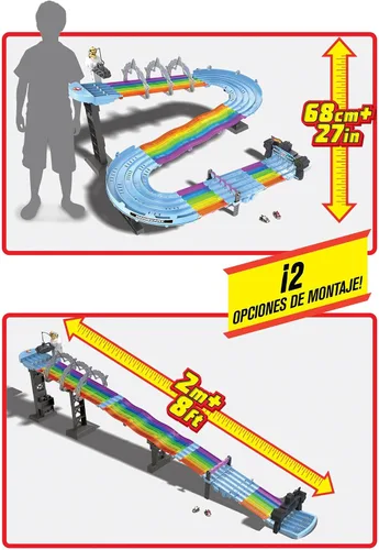 Miniatura 8 de Juego de pista de carreras Hot Wheels Mario Kart Rainbow Road de 8 pies con luces y sonidos y 2 vehículos a escala 1:64, carrera con curso colorido